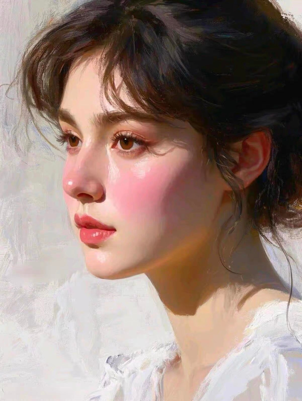 一幅柔和光線下的女子側面肖像,背景明亮中性,可見繪畫筆觸。