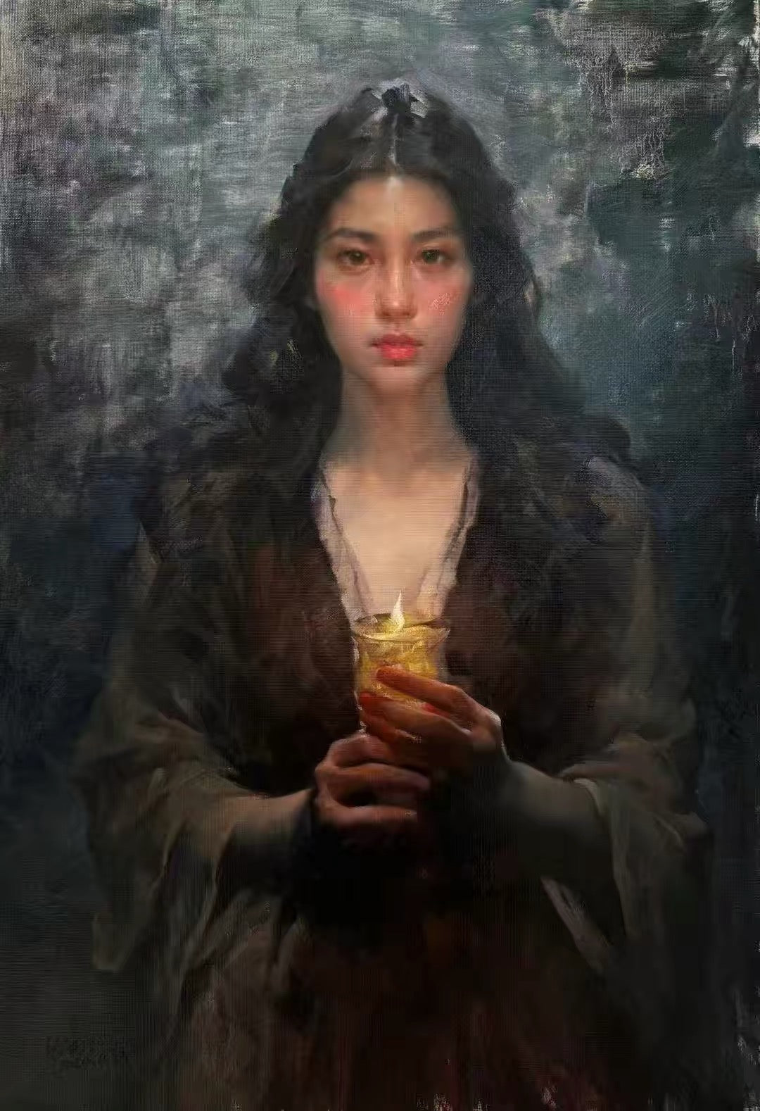 一幅富有筆觸感的女子肖像,女子身穿深色服裝,雙手捧著微光,背景深暗而富有質感。