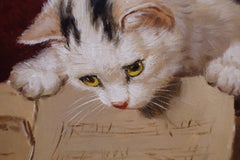 Close-up of a white cat leaning over sheet music in a museum-quality pet portrait