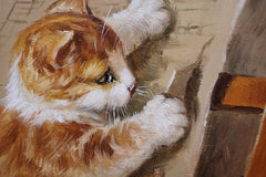 Close-up of an orange-and-white cat reaching across sheet music