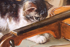 Close-up of a dark kitten peering over a violin