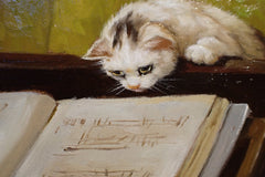 Close-up of a white cat studying sheet music