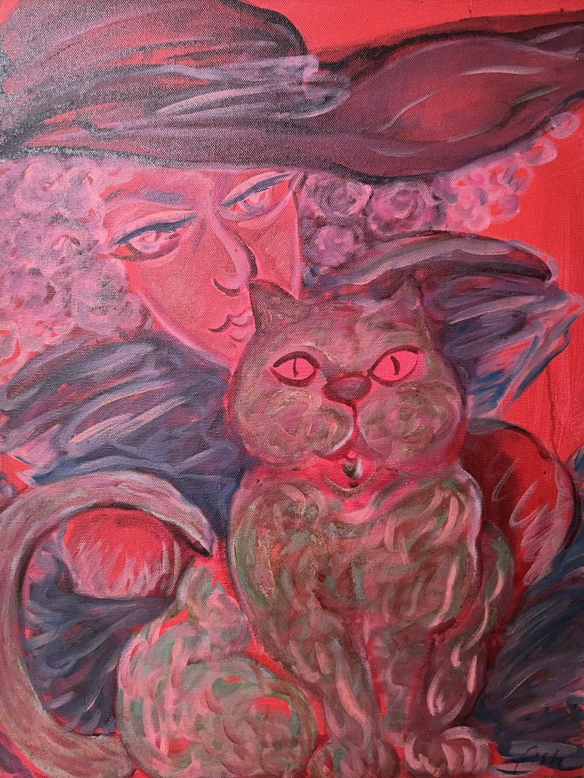Emotion No. 1 by Ding Hui, 2008, with a woman embracing a large cat as both look outward through a vivid red field and violet-grey curves