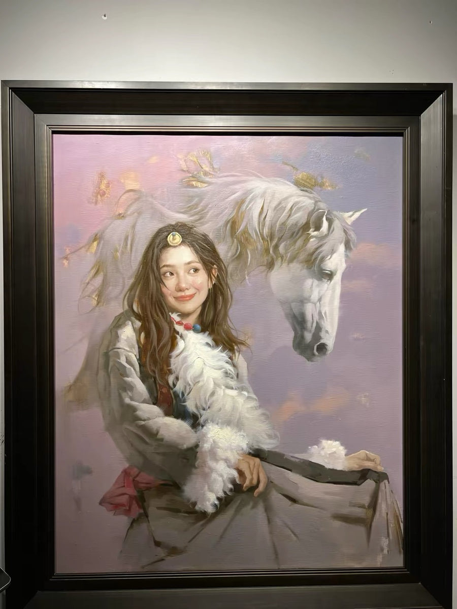 A framed portrait of a woman holding a small white dog, with a white horse behind her against a soft pink and lavender background.