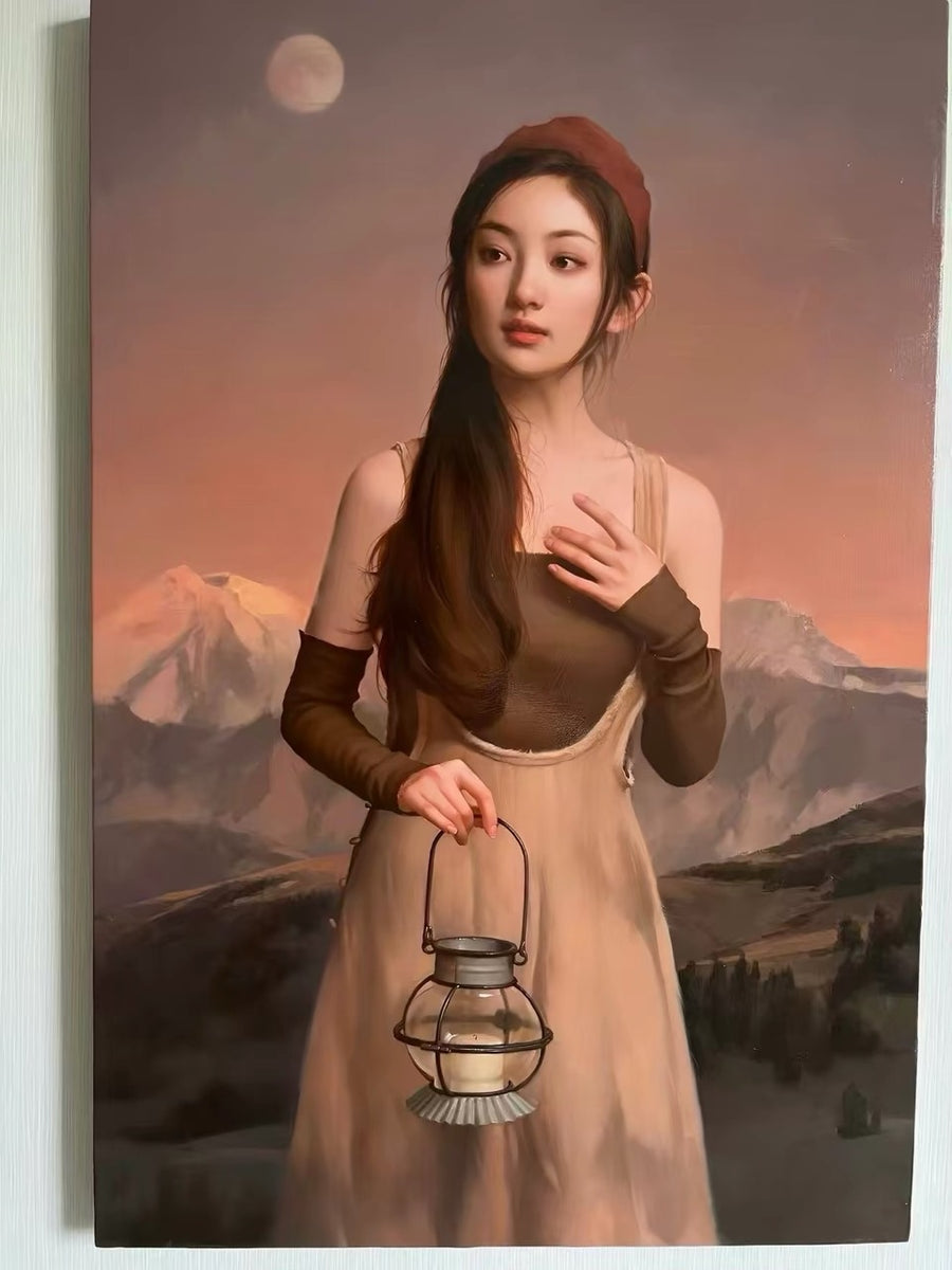 A painted portrait of a woman holding a lantern before a mountain landscape beneath a pale moon.