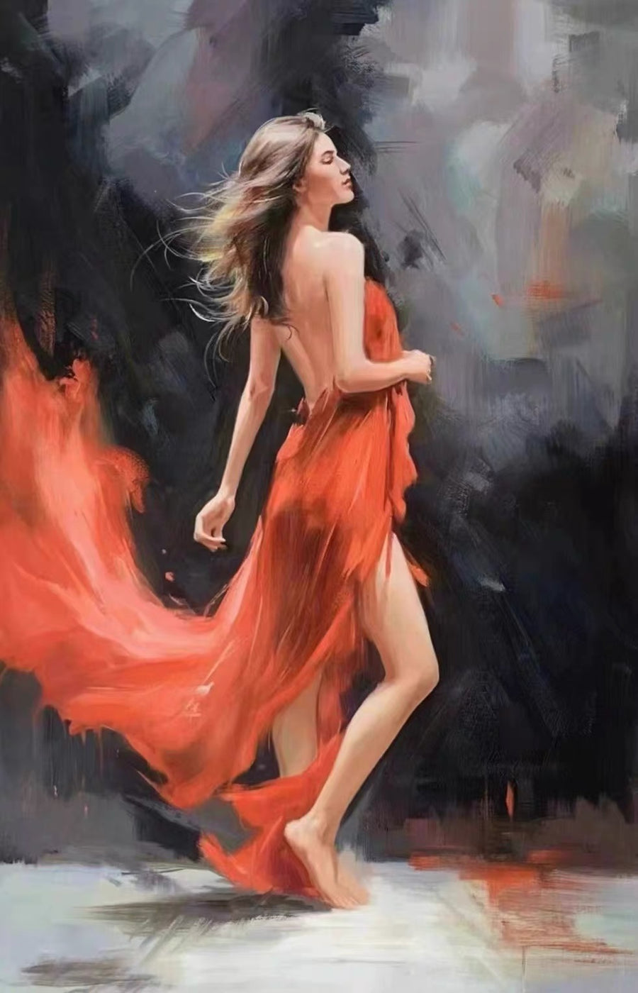 An expressive portrait of a woman in a flowing red dress moving against a dark abstract background with broad brushwork.