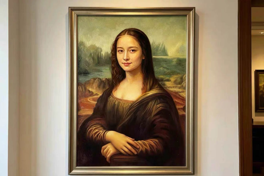 A silver-framed classical portrait of a woman with folded hands in a dark dress before a landscape background.