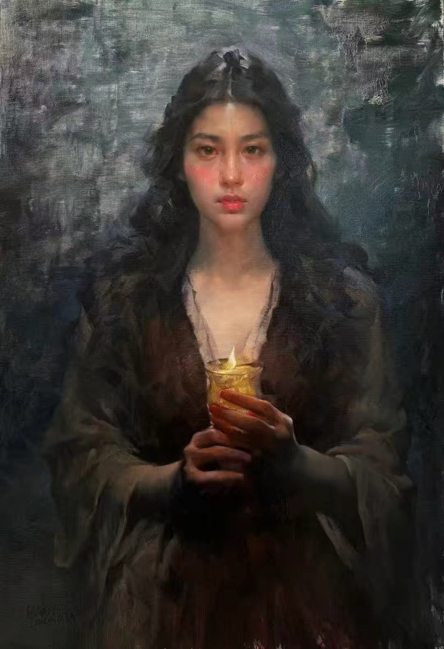 A painterly portrait of a woman in dark clothing holding a small glowing light against a textured dark background.