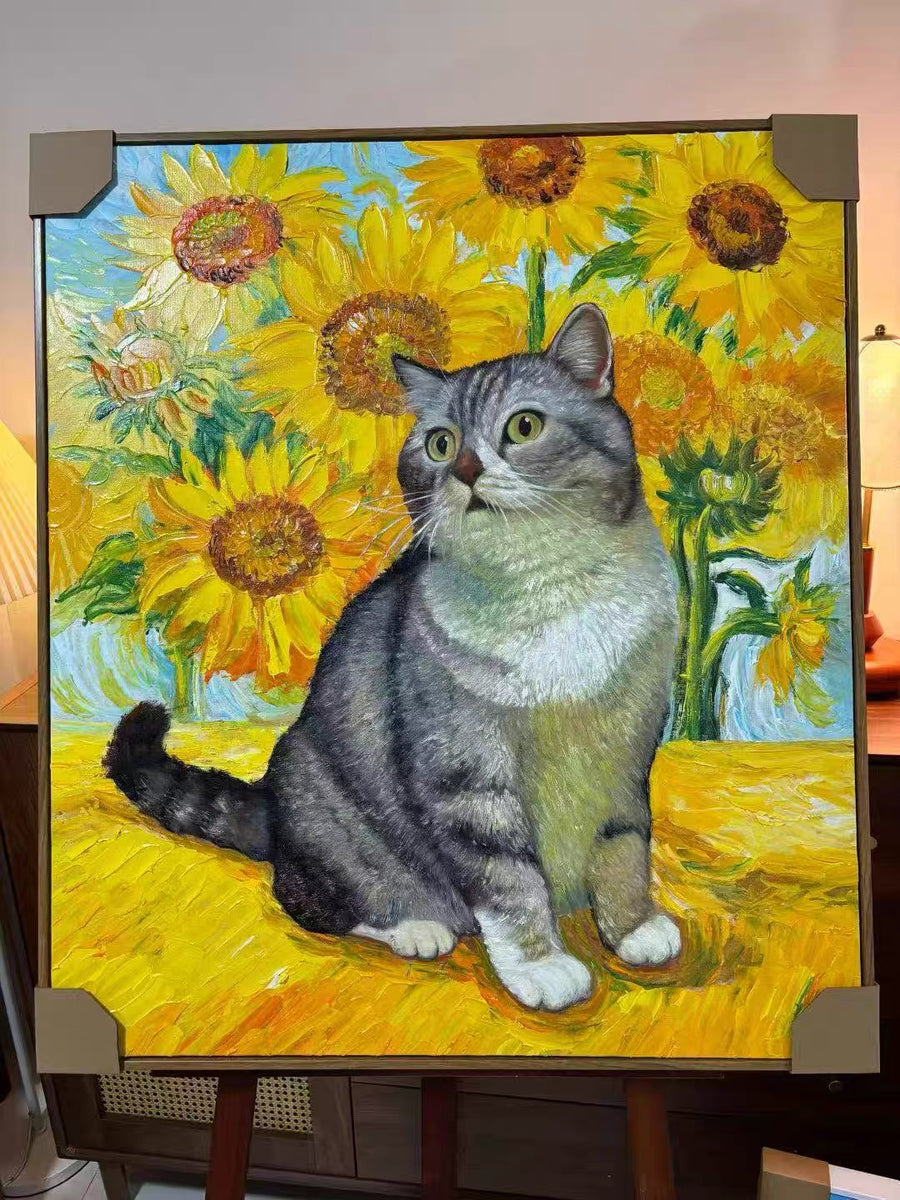 A framed painterly portrait of a gray cat seated among bright yellow sunflowers.