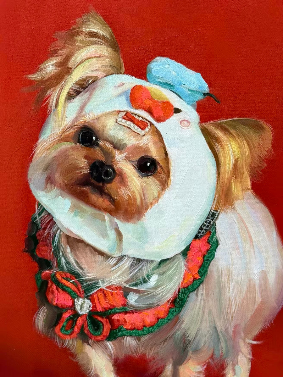 A colorful portrait of a small dog wearing a light blue character hood and a decorative collar against a vivid red background.