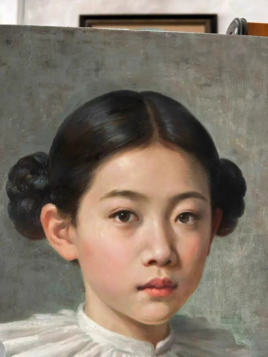 A close-up classical-style painted portrait of a young woman with symmetrical side buns wearing a white high-neck top against a gray background.