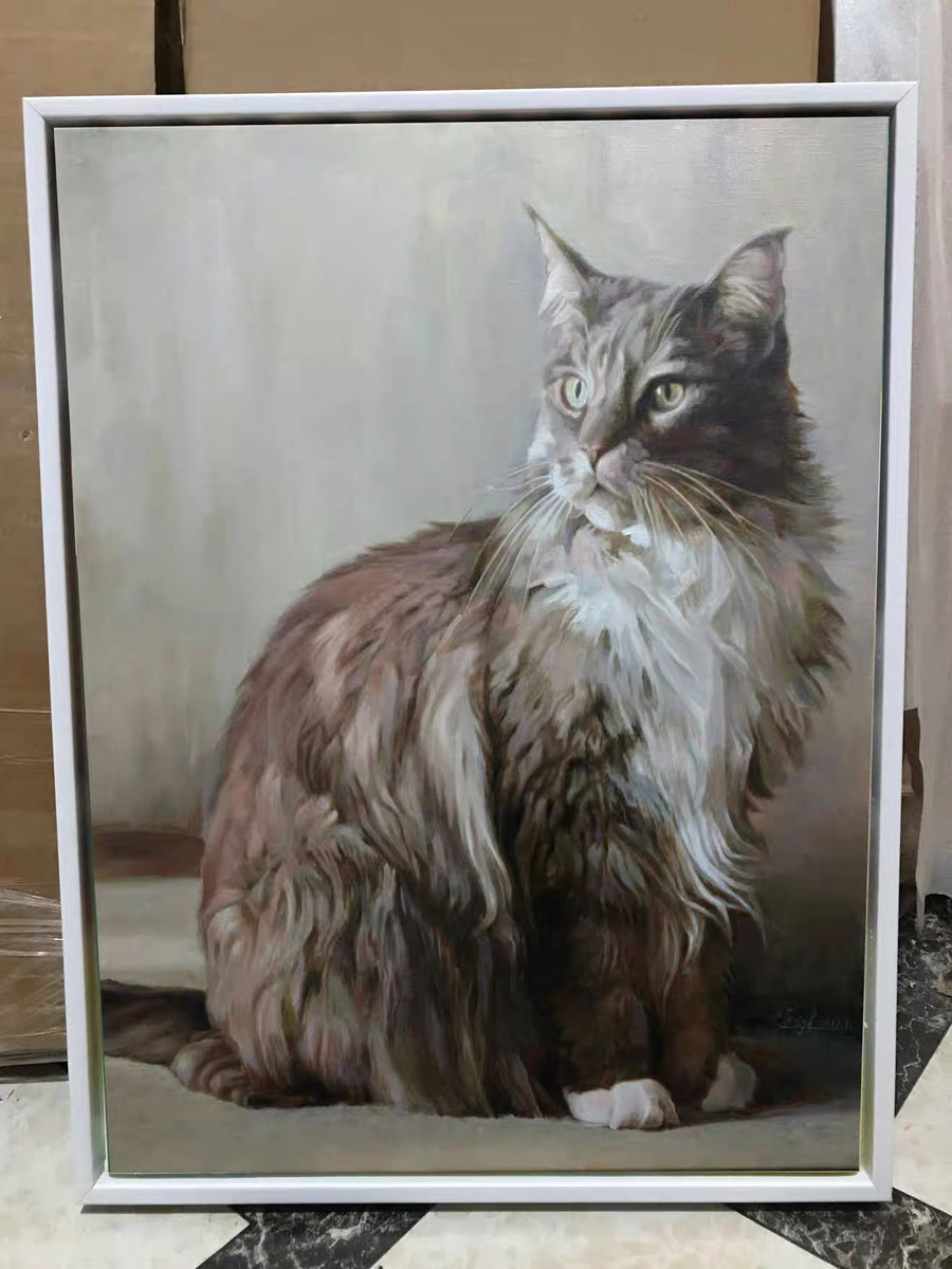 A white-framed realistic portrait of a seated long-haired gray-and-white cat against a soft pale gray background.