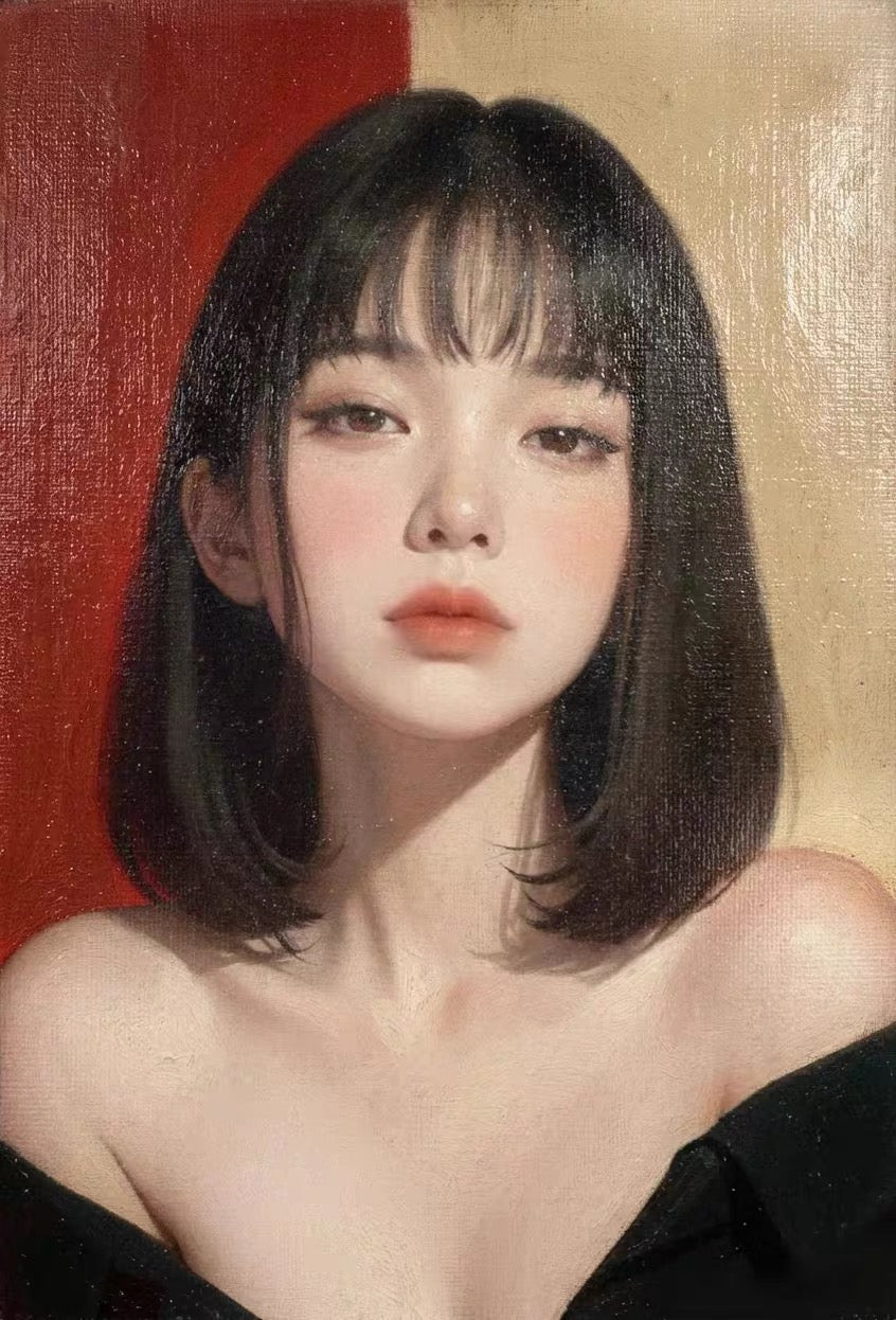 Retrato pintado en primer plano de una mujer de cabello negro corto con una prenda negra de hombros descubiertos sobre un fondo rojo y beige.