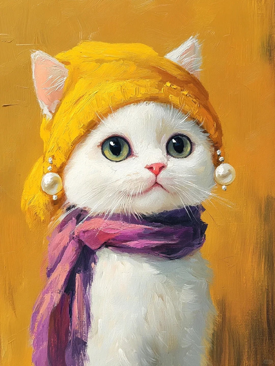 A creative impasto portrait of a white cat wearing a yellow headscarf with pearl ornaments and a purple scarf against a warm ochre background.