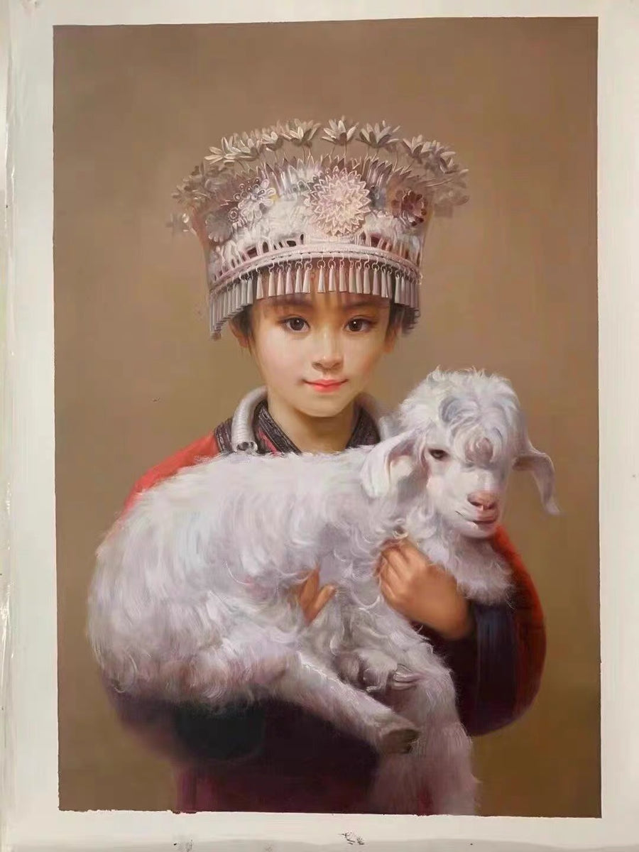 A girl wearing an ornate silver headdress holds a white lamb against a warm brown background in a painted portrait.