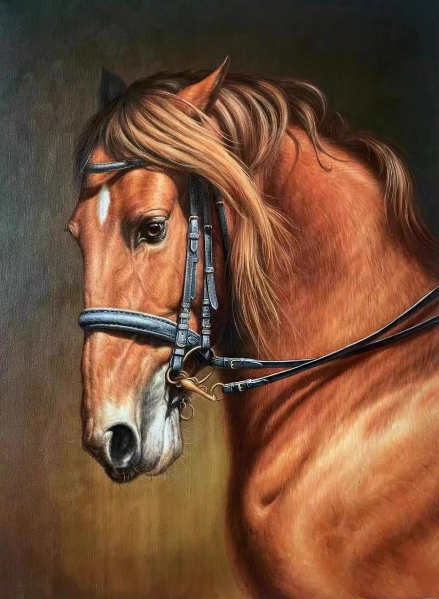 A classical portrait of a chestnut horse wearing a black bridle, shown in three-quarter profile against a dark background.