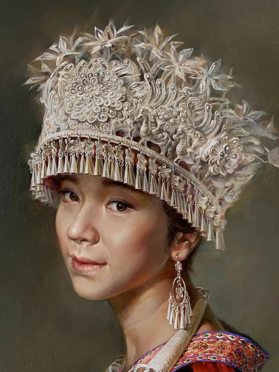 A close-up painted portrait of a young woman wearing an elaborate silver floral headdress and long earrings against a dark background.