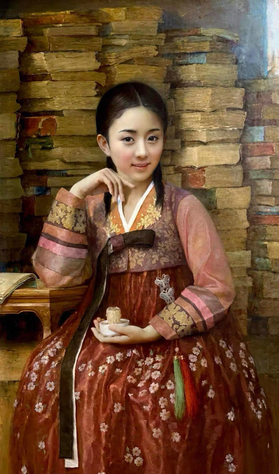 A painted portrait of a young girl in rose-toned traditional dress seated before stacks of books, with an open book beside her.