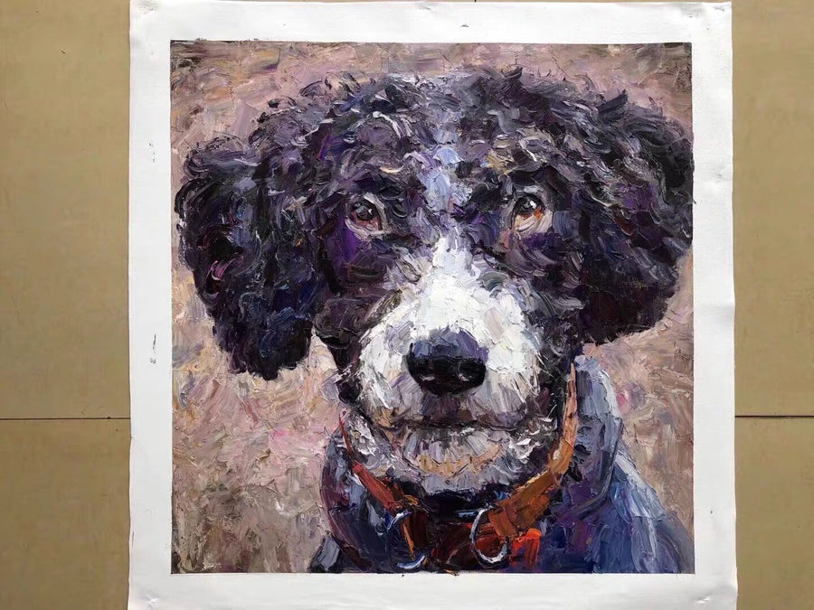 An expressive thick-brushwork portrait of a black-and-white curly-haired dog wearing a brown collar and looking forward.