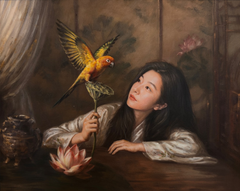 Established-artist portrait of a woman holding a lotus with a colorful parrot in flight