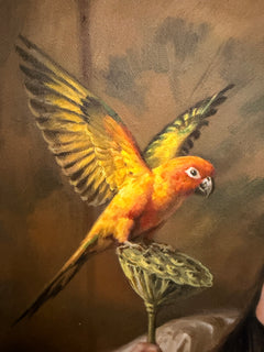 Close-up of the colorful parrot and lotus seedpod in a fine-art portrait