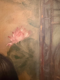 Close-up of a pink rose and softly painted window details