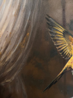 Close-up of the parrot’s painted wing and translucent drapery