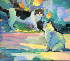 Full view of a custom contemporary two-cat portrait with expressive blue and green brushwork