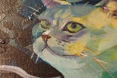 Close-up of a cat’s face and layered brushwork in a custom contemporary pet portrait