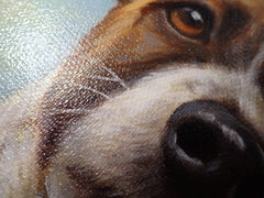 Close-up of a painted pet's eye, muzzle, whiskers, and layered oil texture
