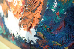 Side-angle detail showing layered orange, blue and white impasto
