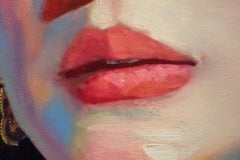 Close-up of painted lips and layered skin-tone brushwork in a contemporary portrait