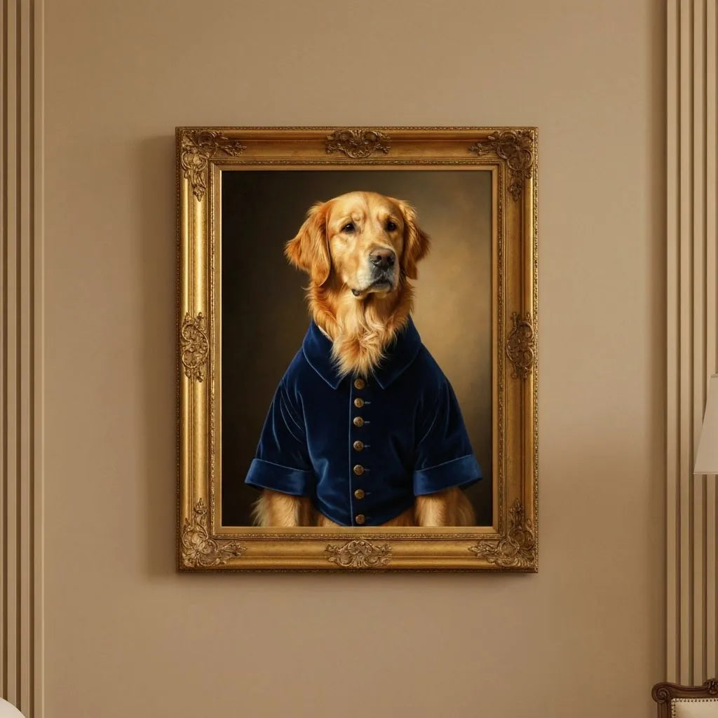 Sarah's golden retriever portrait in a living room