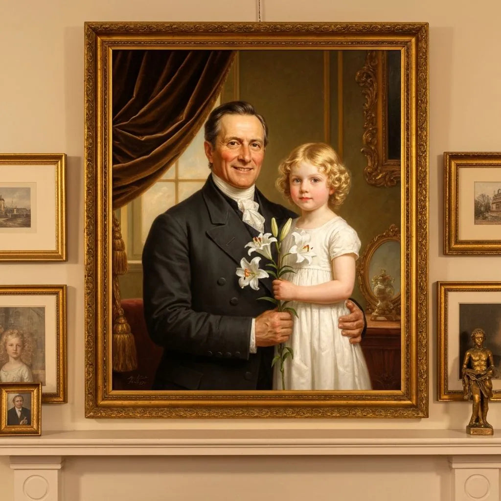 Framed portrait above a fireplace